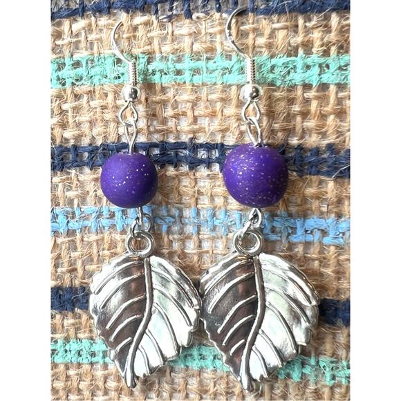 Handmade Silver Leaf Dangle Earrings with Purple Clay Bead – 2.75" Long - Picture 3 of 3